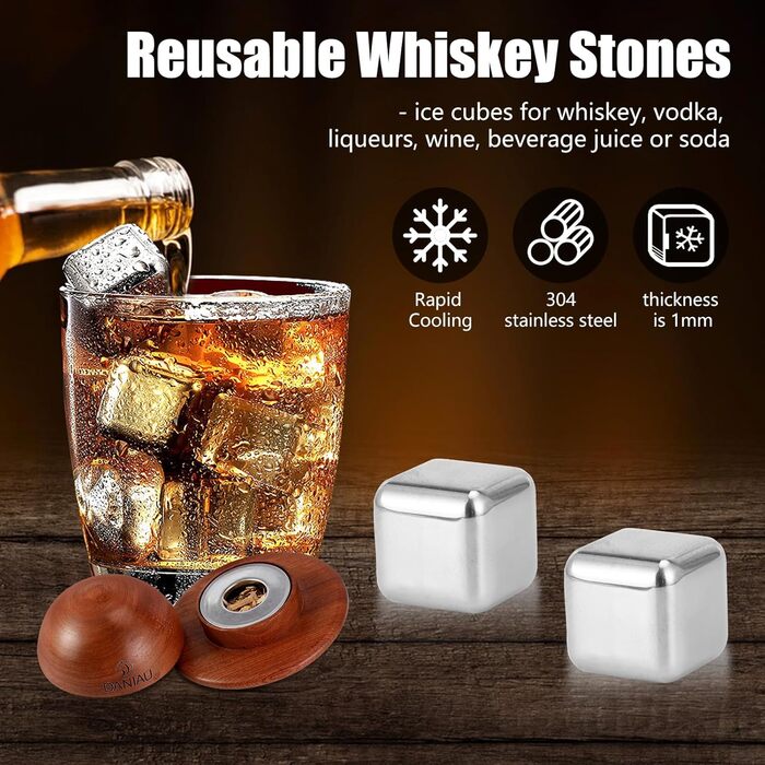 Набір для копчення напоїв Cocktail з 4 смаками, дерев'яні чіпси для віскі, набір для приготування коктейлів, інфузор для бурбона з багаторазовим льодом, Round, чорний