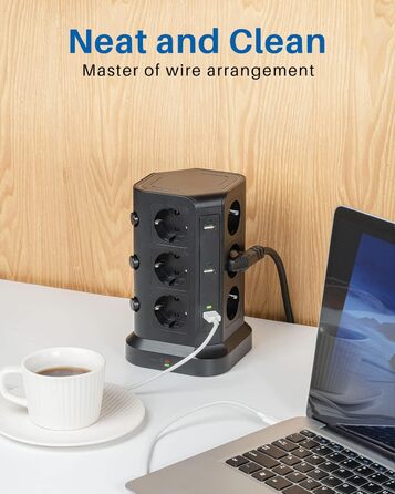 KOOSLA Тур Steckdosenturm 12 Fach з USB (6x) та захистом від перенапруги (4000W/16A) для офісу, кухні, столу, 5м, чорний