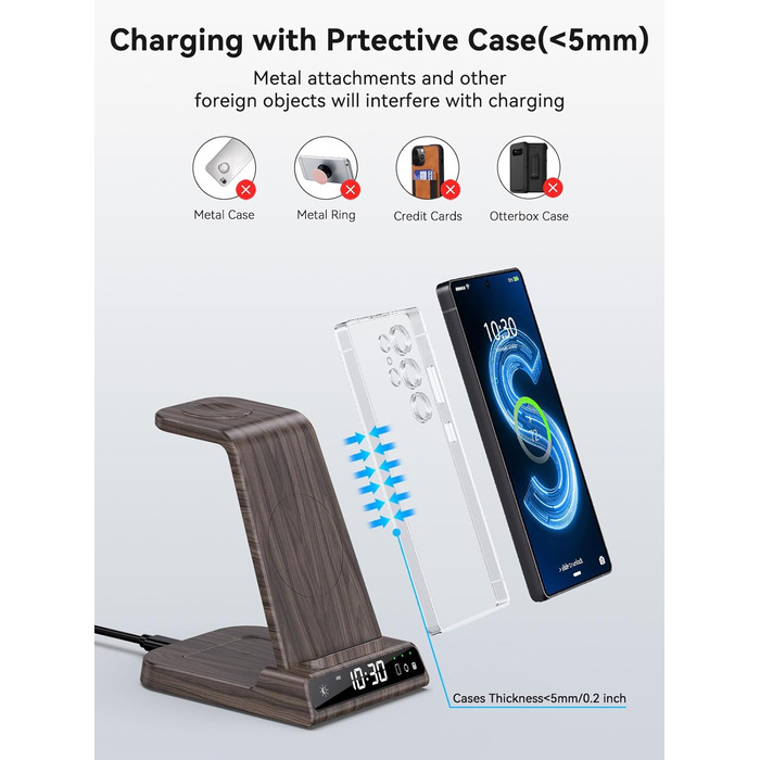 Бездротовий зарядний пристрій 3-в-1 для Samsung Galaxy S25 Ultra, Watch 8/7/Ultra, Buds, з цифровим годинником (дерев'яна текстура)