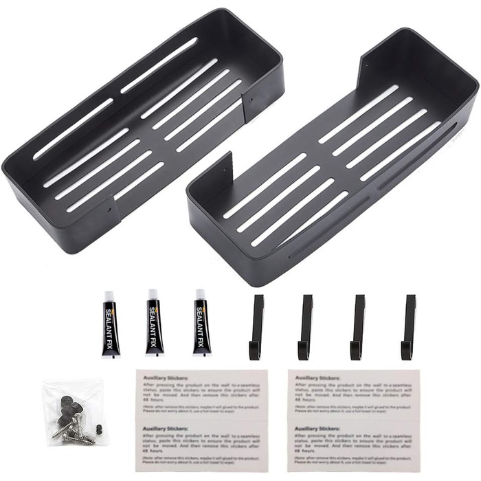 Настінна полиця Yeegout для ванної кімнати з гачками, кутова, чорна, з алюмінію, клейка