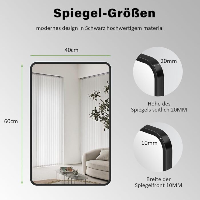 Дзеркало настінне прямокутне з заокругленими кутами, 40x60 см, чорне, нержавіюча сталь. Підходить для ванної кімнати та вітальні.