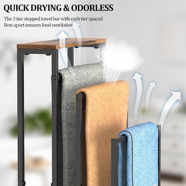 Підставка для рушників стояча, 3-ярусна з полицею з дерева, металева, з регульованими ніжками, для ванної кімнати та спальні, 40x30x82 см (колір: коричневий)