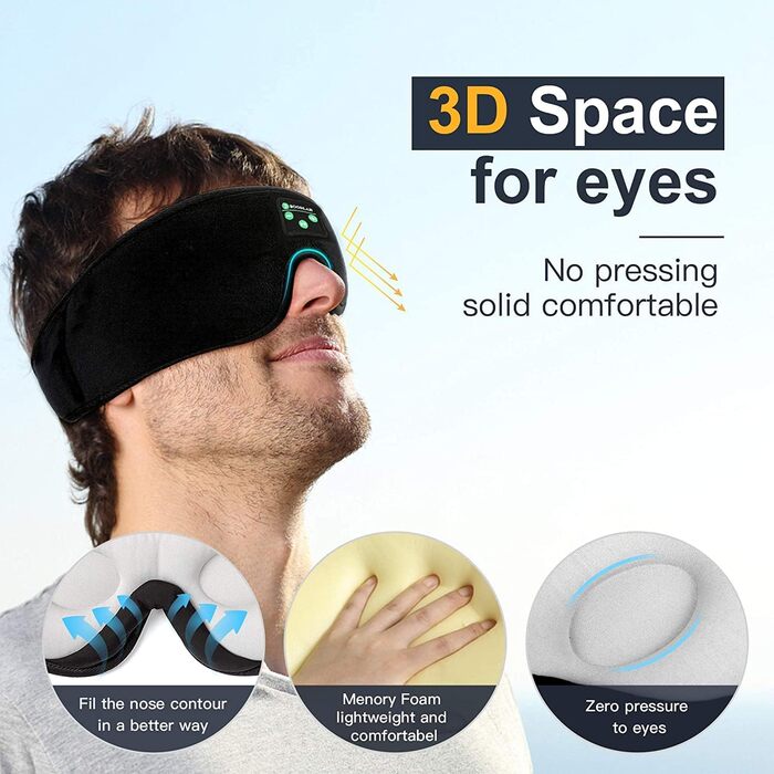 Маска для сну з Bluetooth-навушниками Boodlab 3D, бездротові, пранні, для сну, медитації, подорожей, чорний колір