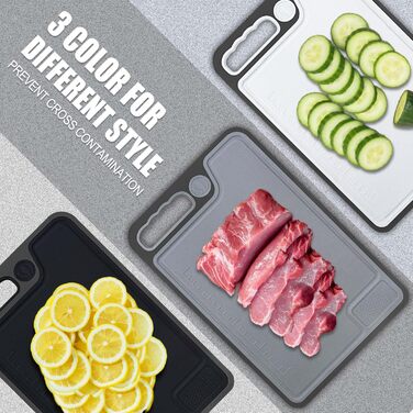 Cutting Board Set, Plastic Cutting Boards with Juice Grooves and Non-Slip Feet, Easy-Grip Handles, BPA-Free, Non-Porous, Kitchen Cutting Boards for Meat, Vegetables, Fruit, Seafood (3-Pack)
