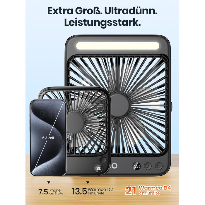Вентилятор для кемпінгу Warmco 20000mAh з лампою та дисплеєм, 15-48 годин роботи, тихий, ультратонкий, з гачком, USB, чорний