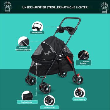 Візок для собак 2в1 до 15 кг, бугі для собак з тримачами для напоїв, переноска для собак, складна, з гальмом, візок-болер для собак, 48x68x95 см (Чорний)