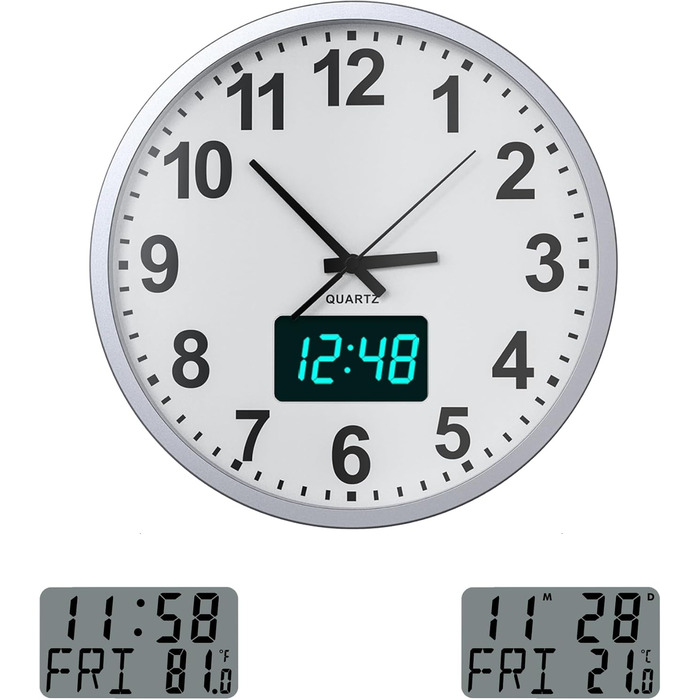 KWANWA Modern Wall Clock • Silent Operation (No Ticking) • Digital LCD/LED Display • Calendar & Temperature • Battery Powered • 30.5cm • 12-Hour Format, Perfect for Kitchen, Bedroom & Office