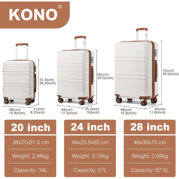 Чемодан KONO 24 дюйми, ABS, з TSA-замком, 4 колеса, 65×44×25.5 см, кремовий