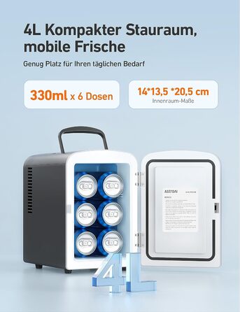 Міні-холодильник AstroAI, 4 літри, 6 банок, для авто, офісу, кімнати, косметики, 220V/12V, чорний