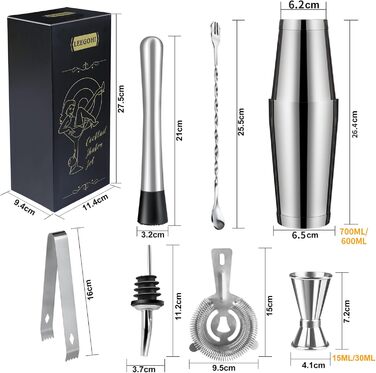 Набір шейкер для коктейлів Boston 700/600мл | Нержавіюча сталь | 8-ми частинний набір для бармена з аксесуарами: мірний стаканчик та барна ложка | Ідеально для дому та бару