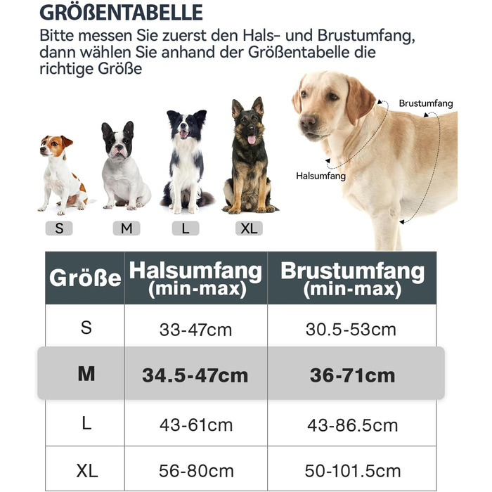 Шлейка для собак Joytale, середнього розміру, світловідбиваюча, дихаюча, з ручкою для контролю та тренувань, сіра, M (1 шт.)