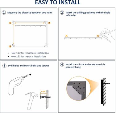 WEER Дзеркало для ванної кімнати чорного кольору з металевим каркасом, 61 x 81 см, прямокутне, з матовим покриттям, з закругленими кутами, з гартованого скла, стійке до корозії