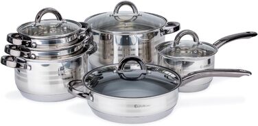 Набір посуду EliteHoff Induktion: 12-ти частинний набір каструль та сковорідок з нержавіючої сталі з кришками та чорними ручками, для всіх типів плит