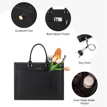 LOVEVOOK 17-Inch Laptop Bag Black Handbag Women's Large Shopper Leather Tote Bag Work Bag Shoulder Bags Briefcase College Teacher Bag Shoulder for Business School