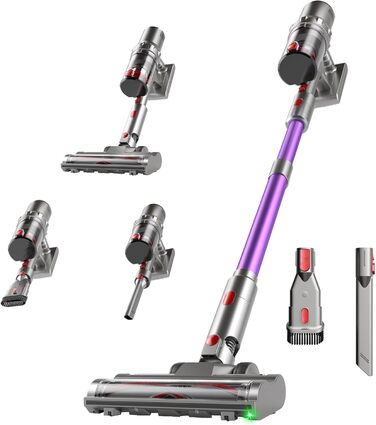 Бездротовий пилосос Hearten 4-в-1 з акумулятором, LED-дисплеєм та щіткою проти намотування, керуванням в один дотик, LED-підсвічуванням для шерсті тварин/килимів/твердих підлог, фіолетовий