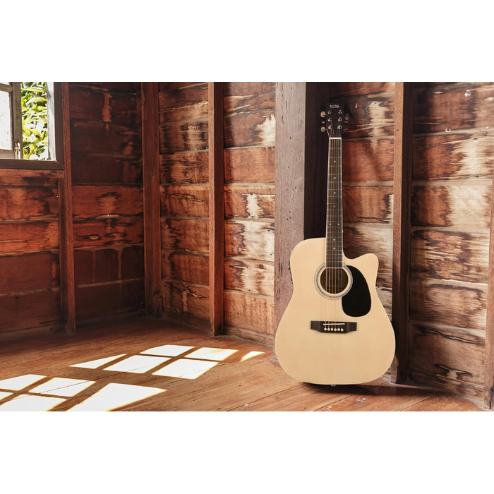 Rocktile WSD-8CE-NT: Акустична гітара Western Slim Line з підсилювачем, комплект - Dreadnought, сумка, ремінь, кабель, струни, медіатори - Natural