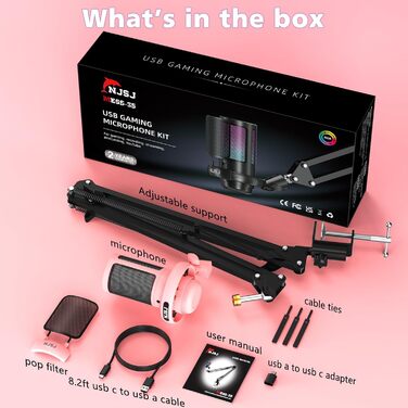 Мікрофон для ПК NJSJ Gaming з тримачем, USB мікрофон для MAC PS4 PS5, рожевий. З кнопкою вимкнення звуку, навушниками, поп-фільтром. Конденсаторний мікрофон для стрімінгу та подкастів