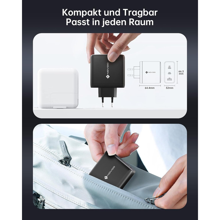 Зарядний пристрій USB-C 67W NOVOO GaN III 3-порти, швидка зарядка для MacBook, iPad, Pixel, Samsung, iPhone, Steam Deck (Чорний)