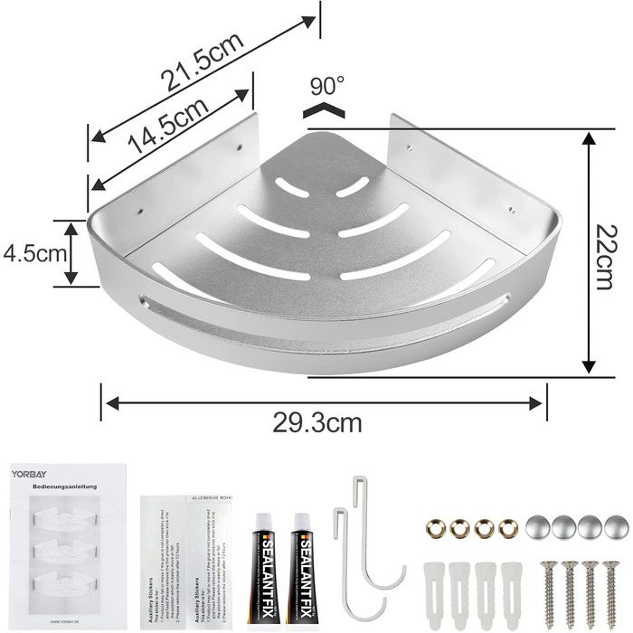 Yorbay Shower Shelf No Drilling with Mounting Material, Corner Shower Shelf No Drilling, Triangle Bathroom Shelf Made of Aluminum with Hooks, Bathroom Shelf 3-Piece Set