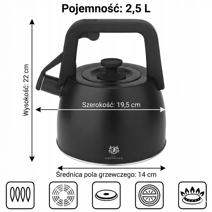 Класичний сталевий чайник Karl Hausmann, 2,5 л, чорний, сріблястий, сірий