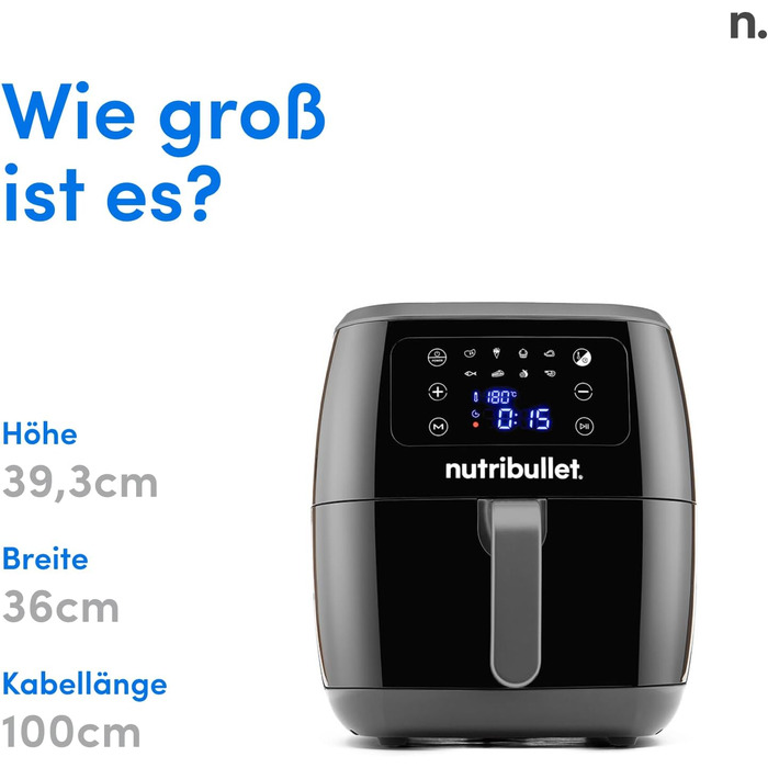 Nutribullet Hot Air Fryer 7L XXL Air Fryer with a wide selection of cooking modes, digital LED touchscreen, 8 programs, preheat & keep warm, grill, no oil, 1800 W, Black