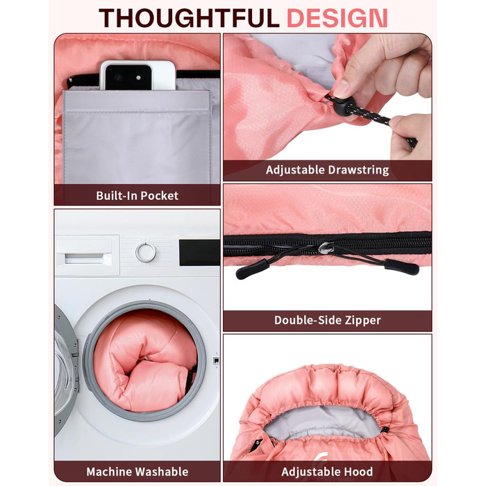 Сплячий мішок Sportneer Outdoor - ковдровий спальний мішок 3-4 сезони для дорослих, теплий, для кемпінгу, подорожей та активного відпочинку (200x85см, Рожевий)
