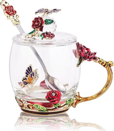 Enamel Butterfly Flower Tea Cup Sets with Spoon and Lid, Glass Coffee Mugs, Wedding Birthday, Valentine's Day, Christmas, Gift for Women Wife Friend (Pink)