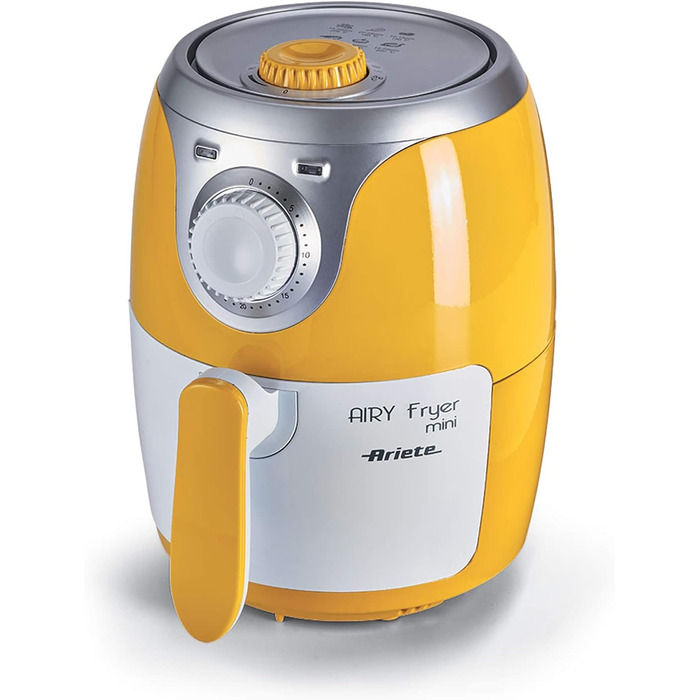 Фритюрниця Ariete 4615 Airy Fryer Mini 2 л, 1000 Вт, жовта, з антипригарним покриттям, температура до 200°C, знімна чаша, книга рецептів німецькою