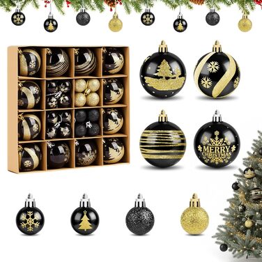 Набір прикрас для ялинки Ilauke, 44 шт. Ялинкові кулі з пластику червоного та білого кольорів, 3 та 6 см. Декорації для ялинки на Різдво, вечірку, дім, весілля. Червоний, білий, чорний, золотий кольори.