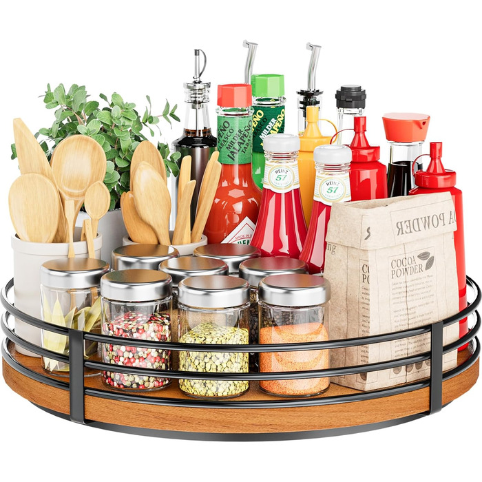 Wooden Lazy Susan Turntable Organizer, round, for cabinet, kitchen, countertop, pantry, dining table, bathroom, cafe, bar, spice storage, home decor