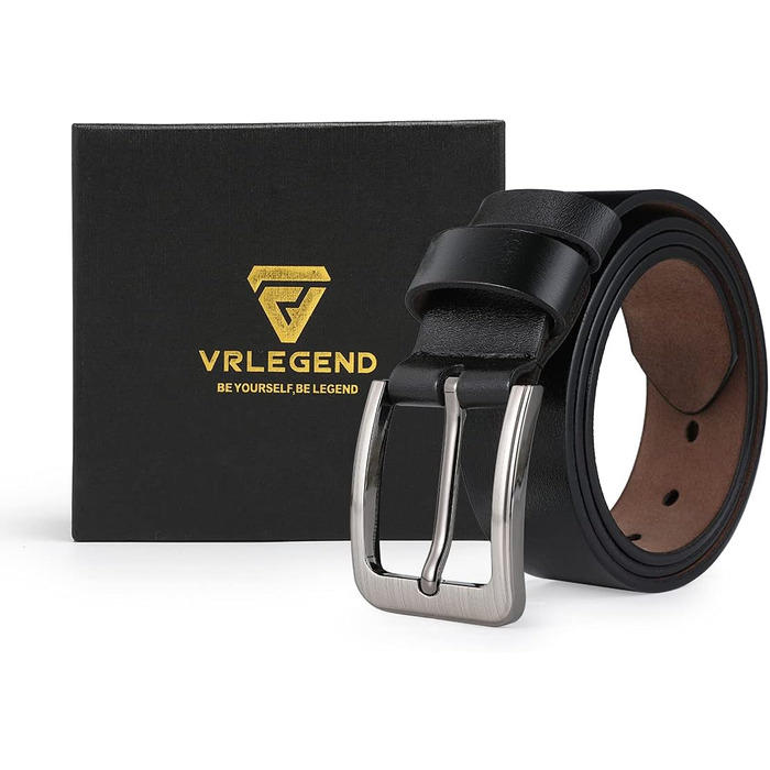 Чоловічий шкіряний ремінь VRLEGEND 110-175 см: повноера шкіра, ширина 38 мм, чорний, для джинсів, бізнес, ретро стилі