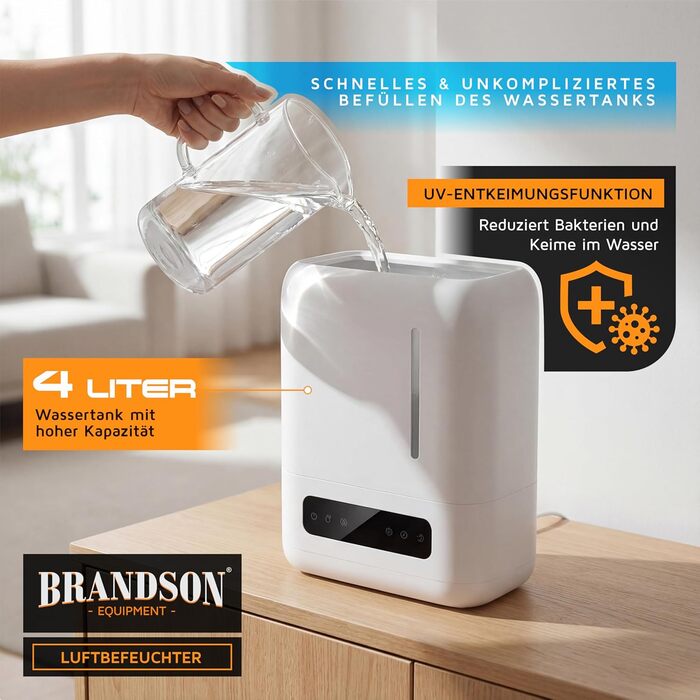 Зволожувач повітря Brandson 4 л з пульт дистанційного керування, ультразвуковий, LED-дисплей, 3 режими, аромадифузор, функція дезінфекції, нічний режим, для спальні та дитячої кімнати