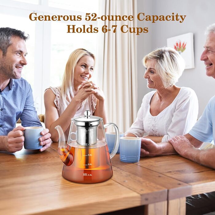 Скляний чайник з ситом 1200-1500 мл з боросилікатного скла з мірною шкалою для листового чаю та чайних квітів, подарунковий набір