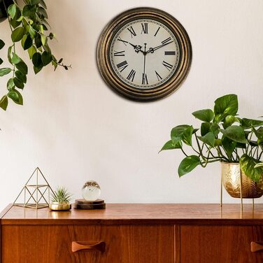 DIYZON Round Classic Wall Clock, Silent No Ticking, 40 cm High-Quality Quartz Vintage Clock, Large Numbers Retro Decorative Clock, Battery Operated, Easy to Read for Home, Kitchen, Dining Room (Gold, 25CM)