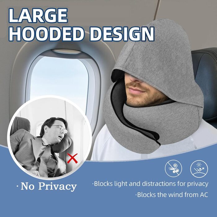 Подушка для шиї з регульованою капюшоном та 360° підтримкою шиї | Ергономічна подушка з піною з пам'яті для подорожей (літак, авто) | З чохлом та берушами | Дихаюча та пральна (темно-сіра)