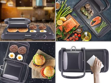 BEPER Electric Grill with Glass Lid - Non-Stick Coated Plate, Stainless Steel, 1600W