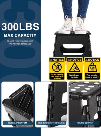 Складний стілець HOUSE DAY 27см чорний: міцний, з антиковзними ніжками та ручкою, для кухні, ванної, дитячої кімнати, кемпінгу, вантажопідйомність 150кг