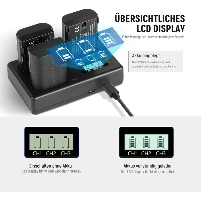 NEEWER Комплект акумуляторів та зарядного пристрою LP-E6NH (3 шт. 2250mAh) з USB зарядкою на 3 слоти, серветка, сумісний з Canon EOS R7, R5, R6, R6 II, R 5DIV, 6DII, 7DII, 80D, 90D