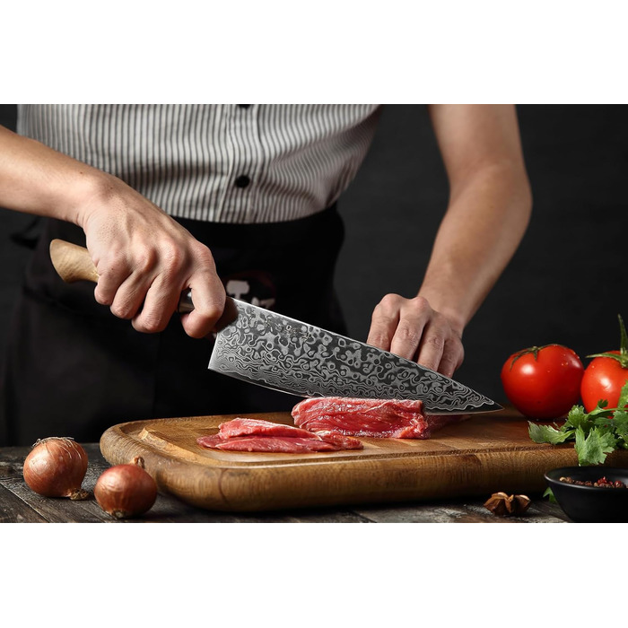 HEZHEN Професійний ніж кухарський 21 см Дамаск, VG10, серія Gyuto Master, кухонний ніж з ручкою з берези для дому та ресторану