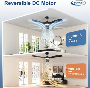 Стеляний вентилятор Depuley Leise з підсвічуванням для вулиці: LED лампа з вентилятором для саду, тераси - 132см, з пультом керування, для вітальні, ресторану, офісу (Чорний, 52'' з підсвічуванням)