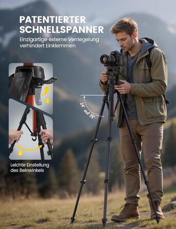 Штатив для камери та смартфона Lamicall Tripod: посилений трипод з швидким відкриттям, вантажопідйомність 8 кг, висота до 170 см, 4 рівні регулювання, помаранчевий
