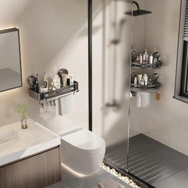 Поличка для душу без свердління, кутова поличка для ванної кімнати, органайзер для душу з тримачем для рушників та знімними гачками (2 шт., сірий) Трикутна