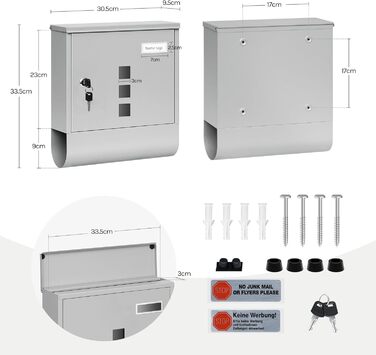 Поштовий ящик WOLTU з газетницею, оглядовим вікном та табличкою для імені, настінний, замикається на ключ (2 ключі), сучасний, сірий (30,5x33,5x9 см)