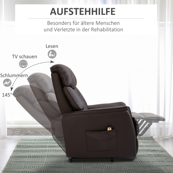 HOMCOM Electric Recliner Chair, TV Recliner with Lift Assist, Recliner with Lie-Flat Function, Faux Leather, Brown, 80 x 94 x 104 cm | Aosom