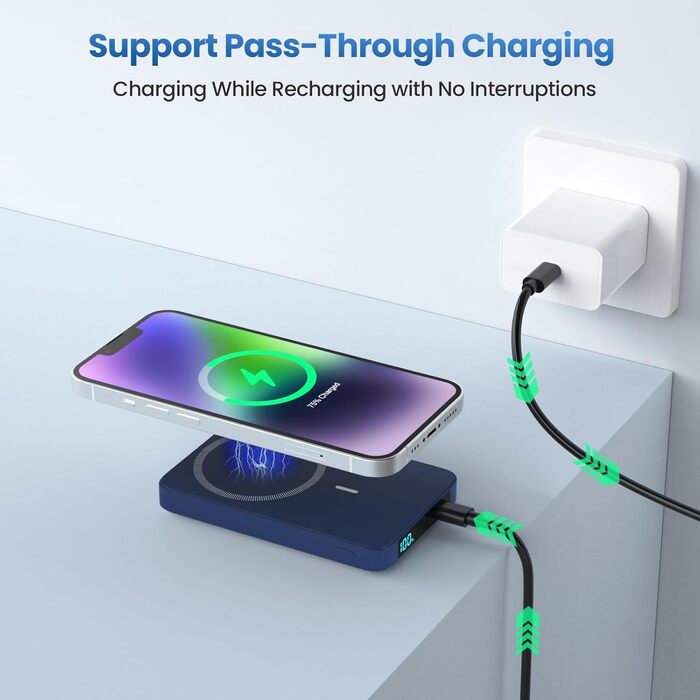 Power Bank HETP Магнітний 10800mAh з PD 20W, бездротова зарядка, USB-C, LED-дисплей, сумісний з MagSafe, iPhone 16/15/14/13/12 (Блакитний)