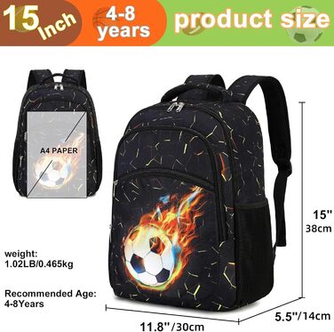 Дитячий рюкзак для школи LOIDOU: безпечний, легкий, з принтом полум'я/футбол, для хлопчиків та дівчаток