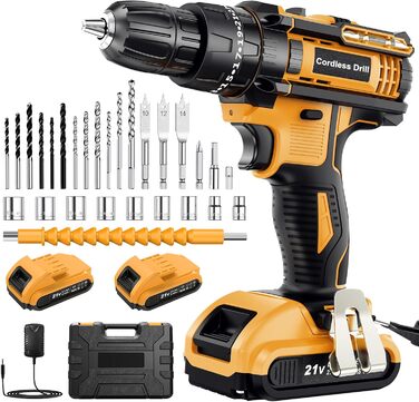 Акумуляторний шуруповерт AKZWOXRO 21V з 2 акумуляторами 2.0Ah, 42Nm, 2 швидкості, 25+3 ступені крутного моменту, патрон 10мм, LED ліхтик, 30-ти елементний набір для дому та саду, DIY проєкти