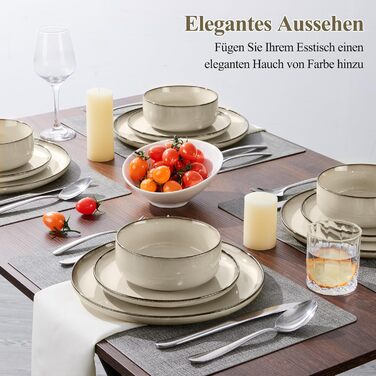 Сервіз посуду Joyfair на 6 осіб, 18 предметів, кераміка, з реактивною глазурью, тарілки для їжі, десертні тарілки, миски для каші, підходить для мікрохвильової печі та посудомийної машини, (Riff Khaki)