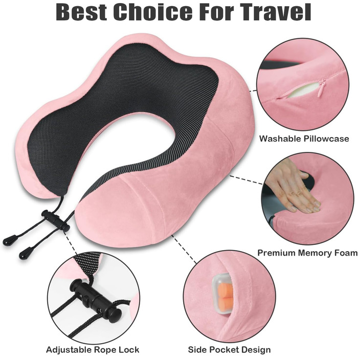 Подушка для шиї у вигляді U, Memory Foam, для подорожей на літаку, авто, в офіс. З маскою для сну та навушниками. Рожева