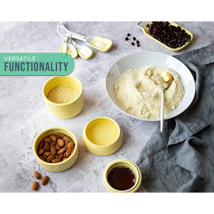 Comfify Vintage Kitchen Set - Multi-Piece Kitchen Ceramic Decor Set with 4 Measuring Cups, 4 Measuring Spoons, and Spoon Rest - Attractive Vintage Yellow - Embossed Ceramic